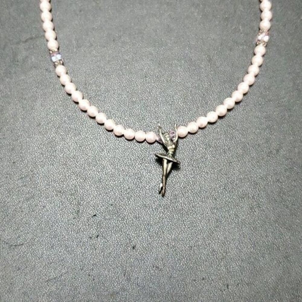 Sterling Silver Pink Beaded ballerina Pendant Necklace 16"